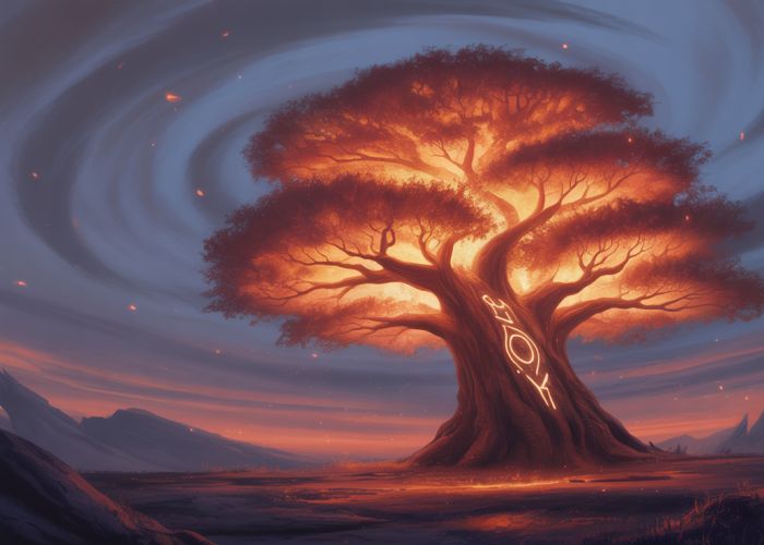 A breathtaking digital painting of an ancient tree with fiery, glowing leaves illuminating a rocky landscape at twilight.