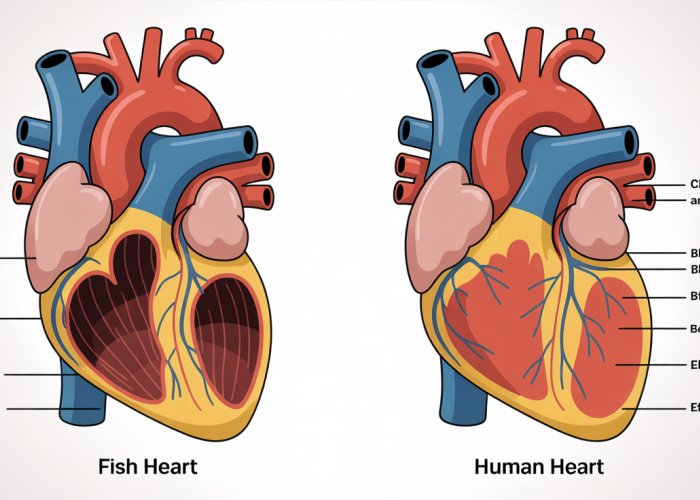 Anatomical illustration comparing a fish heart (2 chambers) and a human heart (4 chambers), highlighting differences in blood flow and oxygenation.