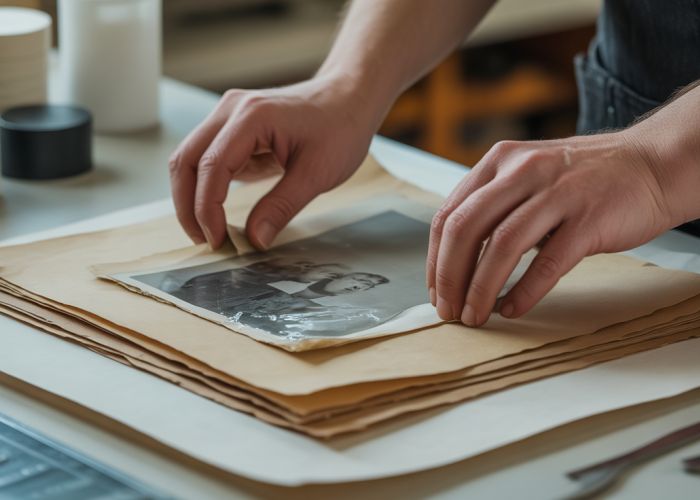 Hands gently flattening a water-damaged photograph with blotting paper and weights on a clean workspace.
