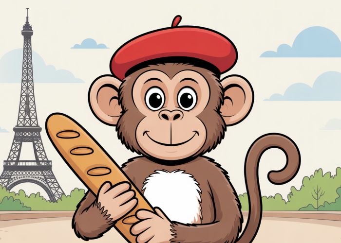Cartoon monkey wearing a beret and holding a baguette in front of the Eiffel Tower.