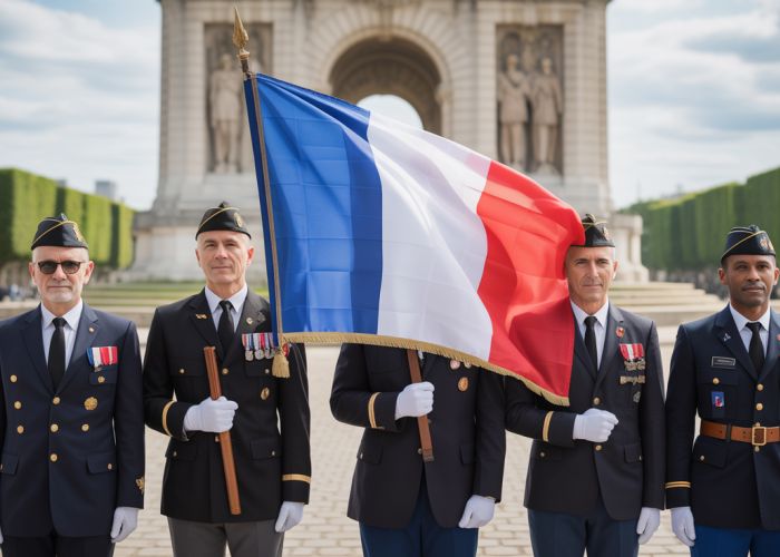 French veterans stand in front of a war memorial with the French flag.