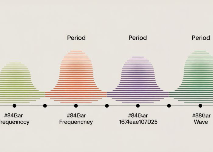 Illustration showing the inverse relationship between frequency and period. Sine waves of different frequencies are displayed, with higher frequency waves having shorter periods and lower frequency waves having longer periods.