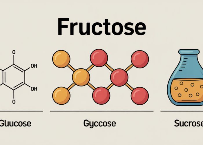 Infographic comparing the molecular structure and properties of fructose (C6H12O6, molecular weight 180.16 g/mol) to glucose and sucrose.