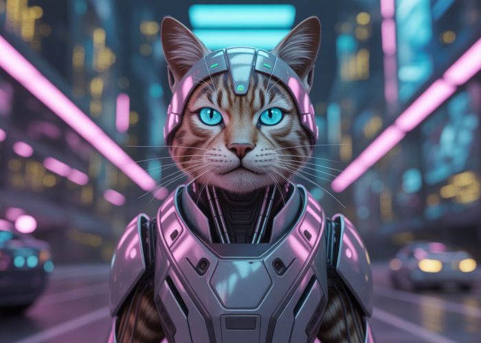 Futuristic Cyborg Feline Warrior in Cyberpunk Cityscape