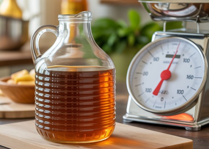 A gallon of syrup being weighed on a kitchen scale.