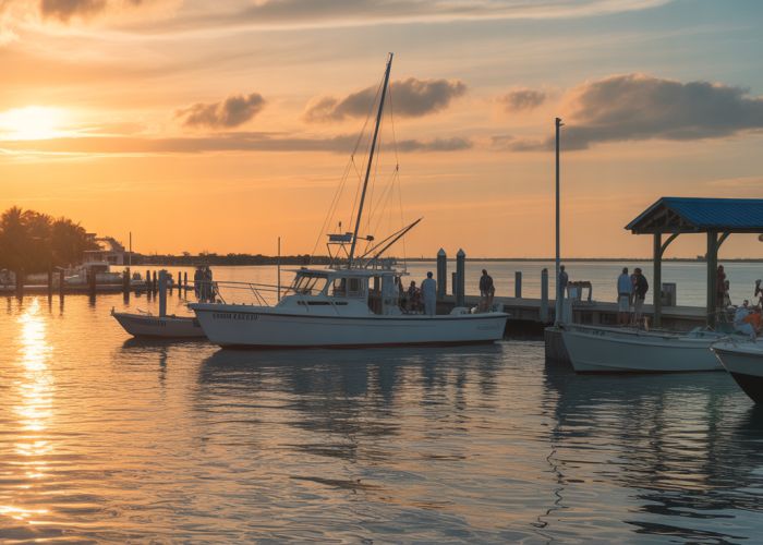 Sunset view of the Gasparilla Island ferry dock with boats and people.