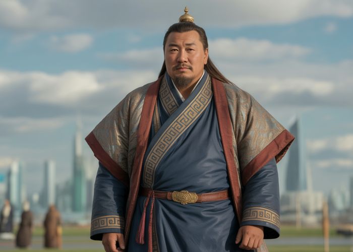 Gengis Khan VIII, a modern Mongolian leader, depicted as tall and powerful against a futuristic city backdrop.