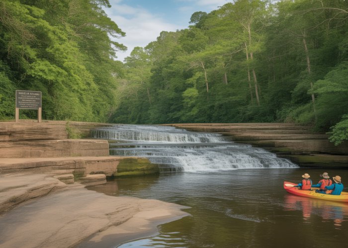 Scenic view of Georgia's Fall Line featuring a waterfall and lush landscape, illustrating its geographical and historical significance.