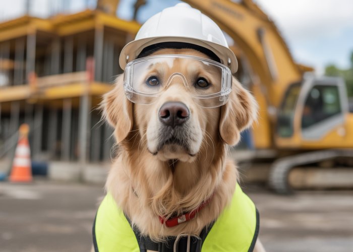 Golden Retriever wearing safety gear on a construction site in Guyana.