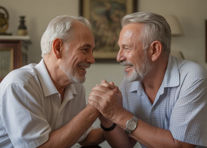 Grandfather and granduncle sitting together, sharing stories and smiles.