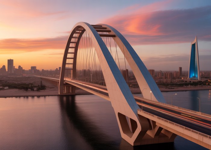 Imagined photograph of the Great Gaddafi Bridge at sunset, showing a modern architectural marvel connecting two city districts.