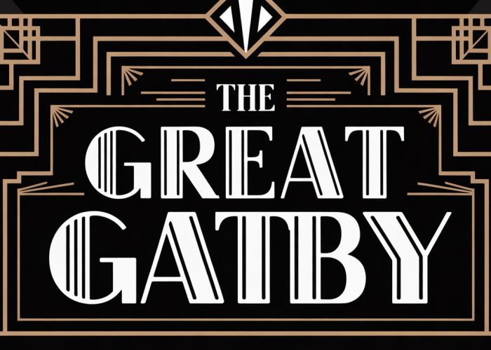 The Great Gatsby book cover with F. Scott Fitzgerald's name prominently displayed above a silhouette of a woman and a city skyline.