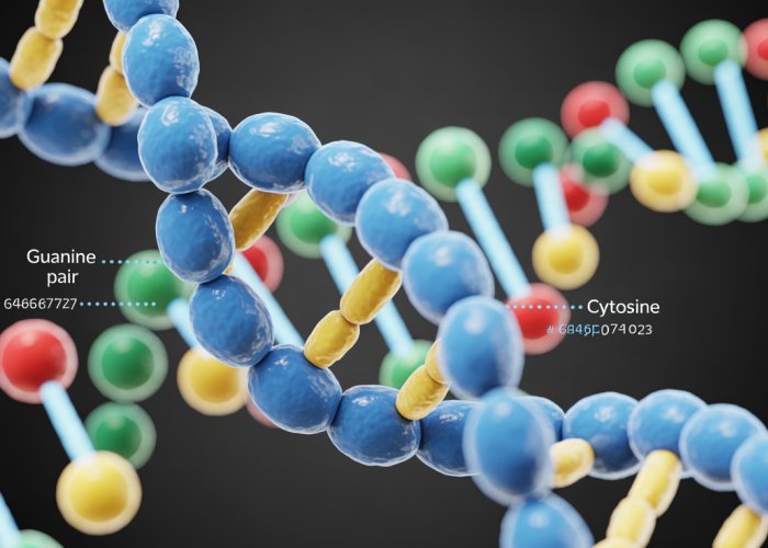 Guanine-Cytosine base pair connected by three hydrogen bonds.