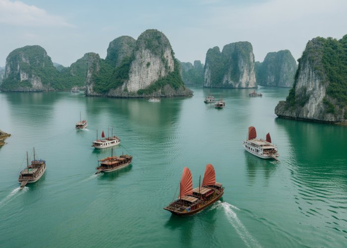 Aerial view of Ha Long Bay, Vietnam, with emerald water, limestone islands, and junk boats.