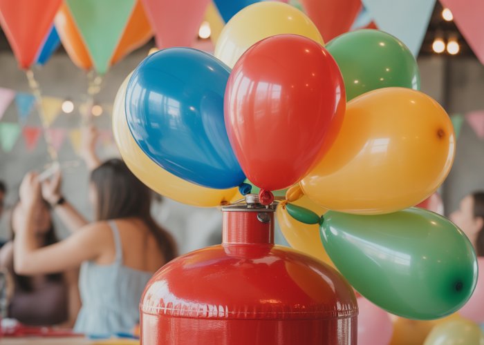 Helium tank with inflated balloons, illustrating how many balloons a tank can fill.