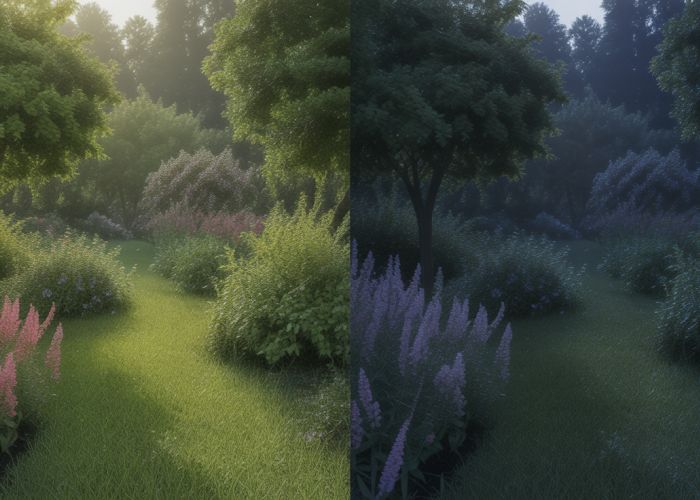 Lush garden transitioning from day to night, showing the effect of lower humidity.