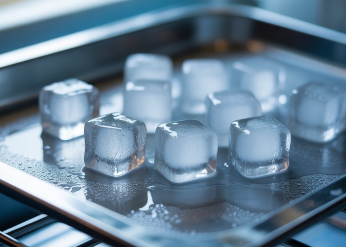 Ice cubes slowly melting on a tray inside a refrigerator, illustrating the question of how long it takes ice to melt in a fridge.