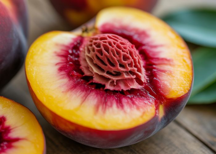 Halved Indian Blood peach with deep red flesh, showcasing its juicy texture and unique color.