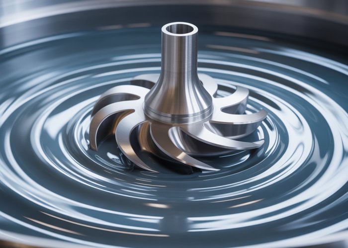 Industrial stainless steel impeller mixing viscous liquid.