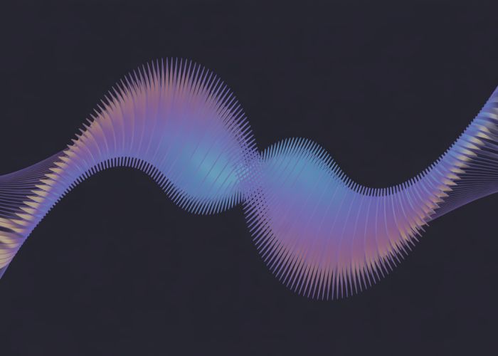 Abstract mathematical visualization of an infinite cosine sum converging to a complex shape in blue, purple, and gold.