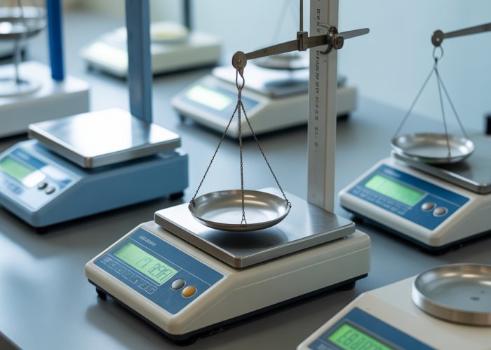 Various precision instruments for measuring mass in a laboratory, including a balance scale, microbalance, and analytical balance.