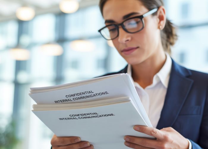 Business professional reading internal company memos in an office setting, looking thoughtful.