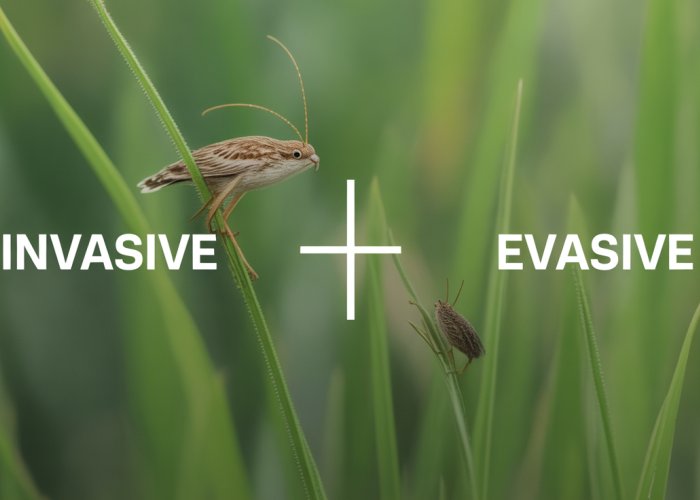Split image showing a rapidly spreading kudzu vine on one side (invasive) and a shy armadillo scurrying away on the other (evasive), illustrating the contrasting behaviors.