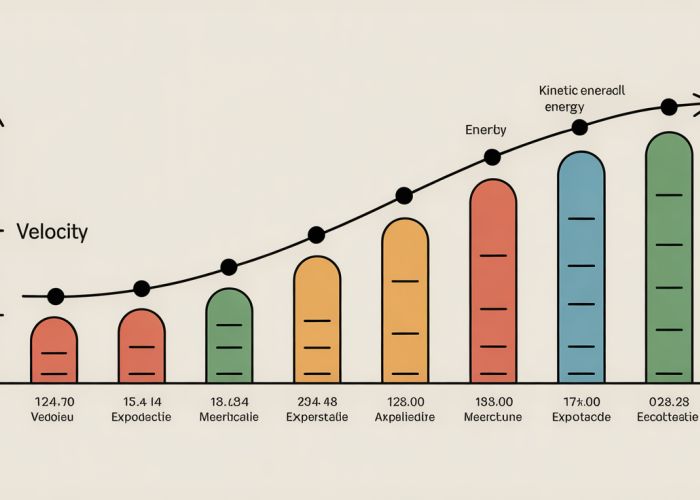 Graph illustrating the exponential increase in kinetic energy (KE) with increasing velocity, demonstrating the KE = 1/2 mv^2 formula.