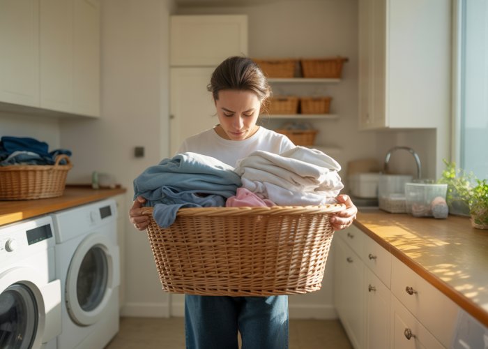 Person overwhelmed by the amount of dried laundry in a basket.