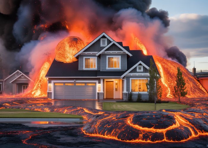 House engulfed in lava, demonstrating the destructive power of a volcanic eruption.