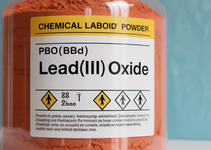 Chemical label for Lead(II) Oxide (PbO) with hazard symbols and chemical formula.