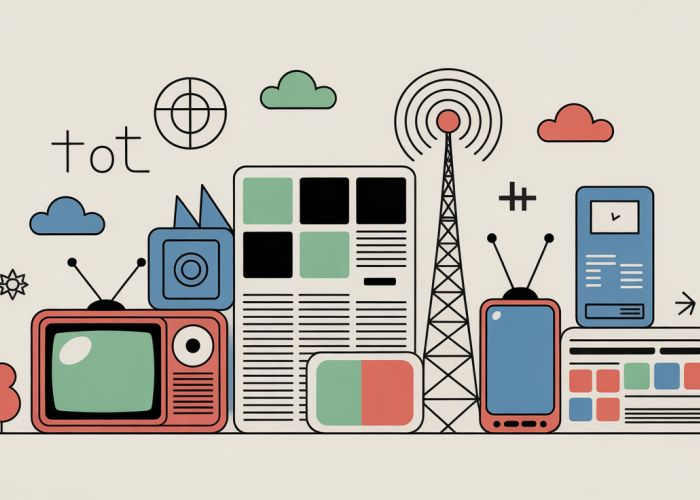 Image illustrating the transition of legacy media from traditional forms like newspapers and television to digital platforms and online news.