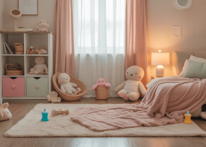 Cozy playroom with plush toys and pastel colors representing a safe and comforting 'little space'.