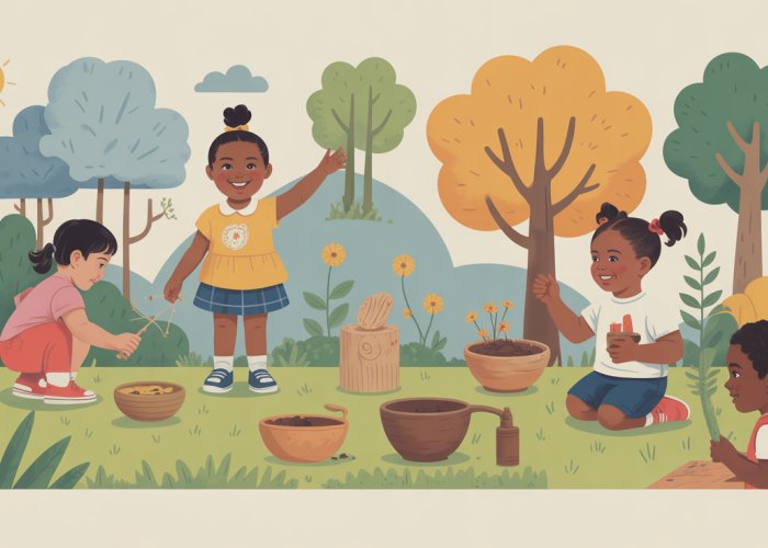 Children engaging in hands-on learning activities outdoors, reflecting Lucy Sprague Mitchell's theories on experiential education.