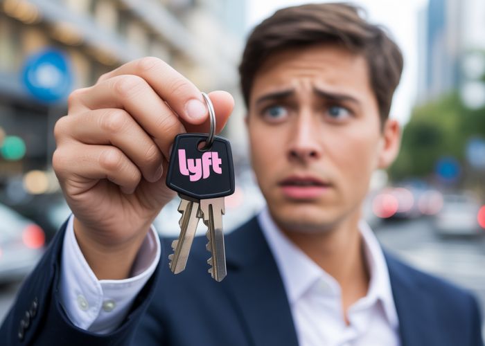 Worried person holding keys with Lyft logo, illustrating potential security deposit concerns for Lyft drivers.