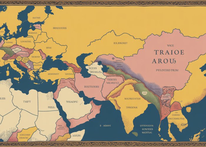 Illustrated map depicting major medieval trade routes across Europe, Asia, and Africa, showcasing key trading cities and goods.