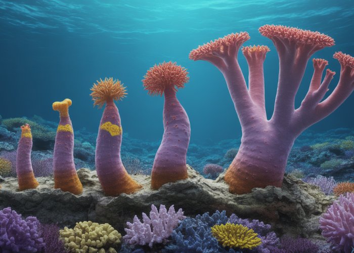 Illustration depicting the evolutionary history of Mega Millepora coral, from ancient ancestors to modern reef structures.