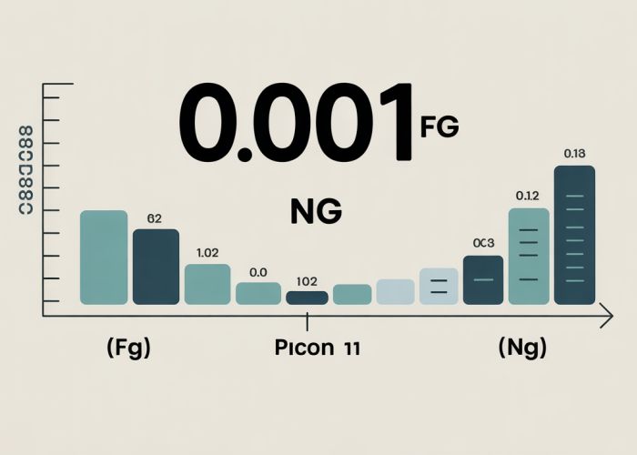 Infographic showing the conversion of 0.001 micrograms to nanograms. Visual representation of unit conversion from µg to ng.