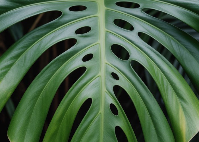 Close-up of a Monstera leaf with distinctive holes and aerial roots, showcasing rainforest adaptations.