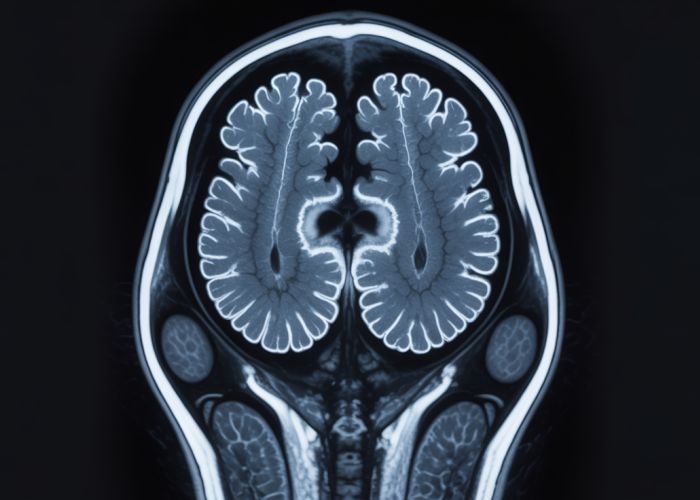 MRI scan showing ring-enhancing lesions characteristic of cerebral toxoplasmosis in an immunocompromised patient.