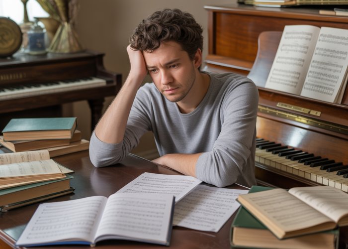 Musician struggling with music theory concepts while practicing at the piano.
