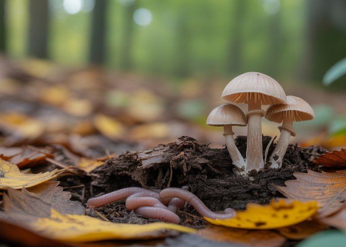 Close-up of a forest floor with decomposing leaves, mushrooms, and earthworms illustrating nature's recycling system.