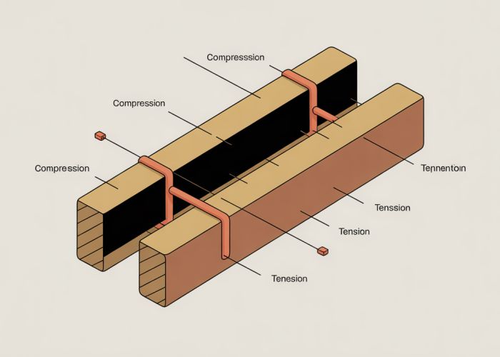 Diagram illustrating the neutral axis of a beam under bending stress, showing compression and tension zones.