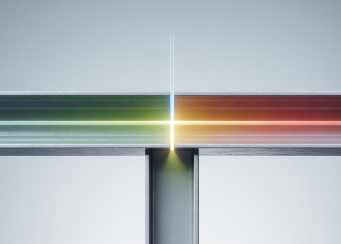 Visual representation of the neutral stress axis in a loaded beam, showing the point where stress is zero.