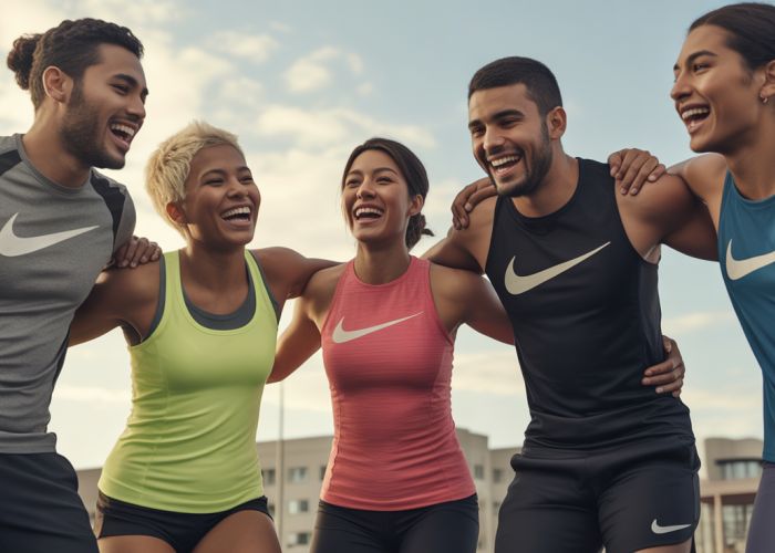 Diverse group of friends wearing Nike workout clothes, smiling and supporting each other during a fitness session.