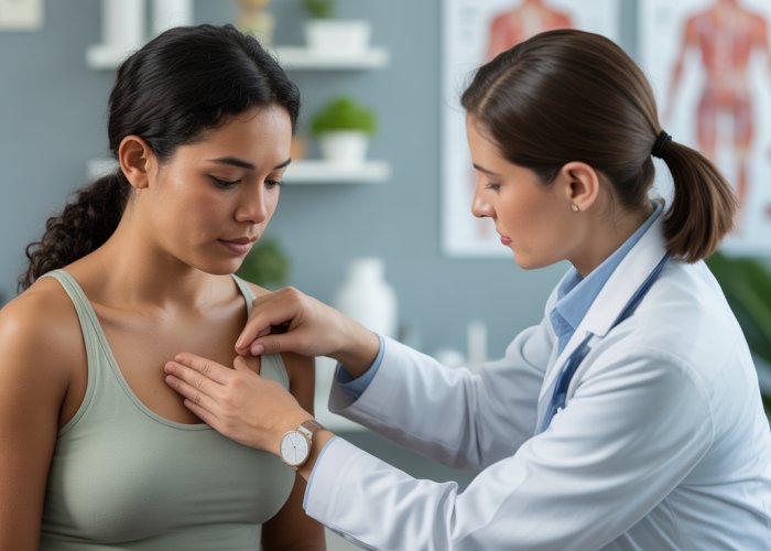Healthcare professional performing a nutrition-focused physical exam on a patient in a clinic setting.