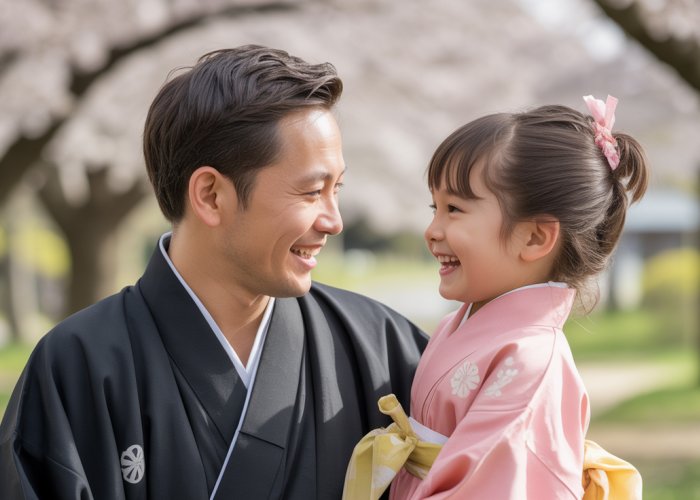 Japanese father (otosan) smiles at his child under blooming cherry trees.
