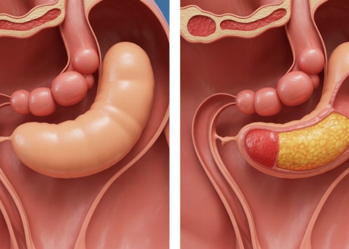 Comparison illustration showing healthy ovary and appendix versus ovary with cysts and inflamed appendix (appendicitis).