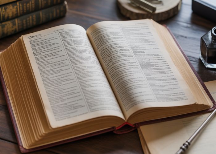Open Oxford English Dictionary displaying the entry for 'citation', with a quill and inkwell nearby.