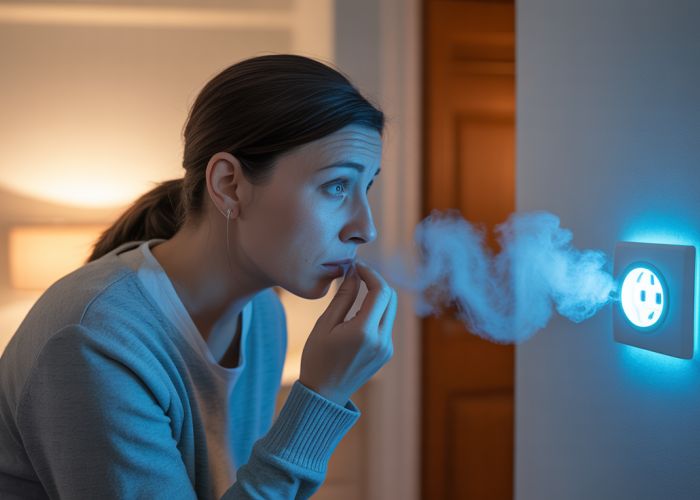 Concerned homeowner sniffs air, faint blue glow from electrical outlet, indicating possible ozone smell and electrical issue.
